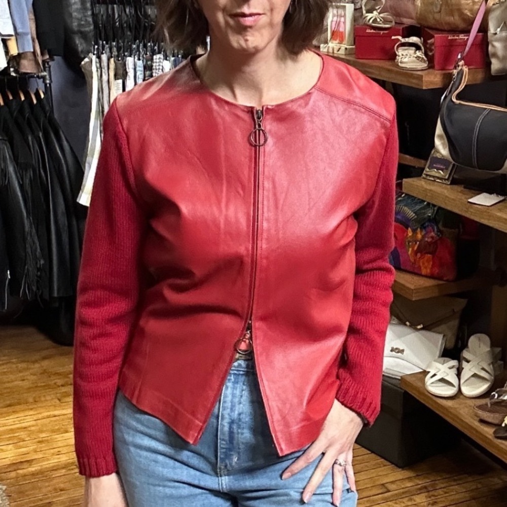 Maurice Sasson Red Leather Cotton Knit‎ Full Zip 90s Minimalist Jacket Womens M
